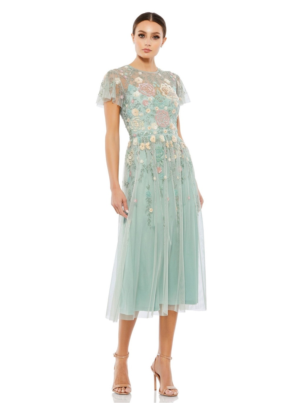 Mac Duggal 9134 Embellished Illusion High Neck Butterfly Sleeve Midi Dress Sz 12